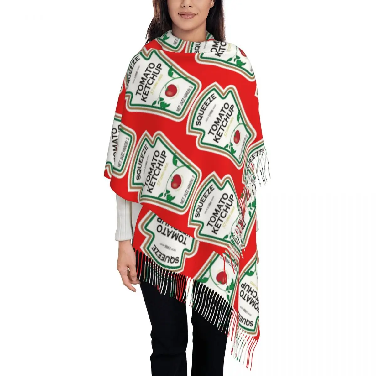 Funny Ketchup Label Scarf Tassel Scarves for Women Soft Warm Shawls and Wraps Large Fall Winter Shawl Wrap