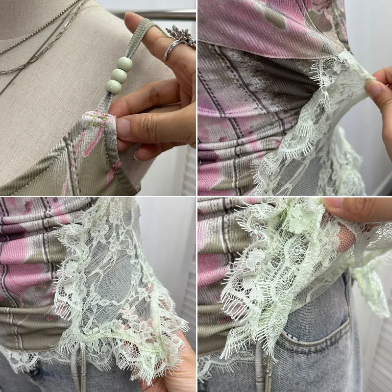 قميص قصير صيفي ISAROSE Y2K للنساء بدون أكمام وأشرطة خرز قابلة للتعديل ودانتيل جانبي قابل للتمدد مقاس واحد قطع علوية قصيرة ضيقة