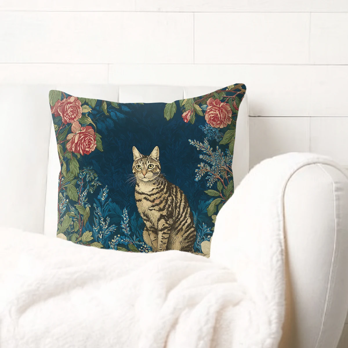 Vintage Cat & Floral Pattern Polyester Pillow Cover - Decorative Pillowcase for Sofa, Bedroom, Living Room Home Decoration