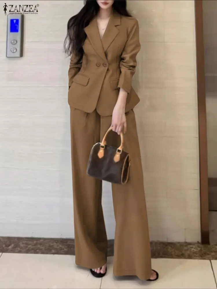 Zanzea feminino minimalista 2 peça define lepel pescoço blazer e calças de perna larga 2 pçs ternos 2026 primavera moda mulher outfits S-3XL