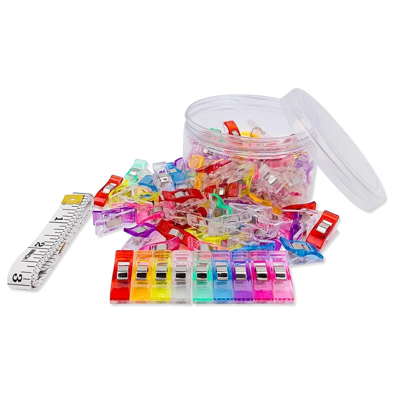 ABBN-Clips de plástico premium, paquete de 100 clips de costura para acolchar y manualidades con caja de hojalata, colores surtidos, 1 cinta métrica para coser