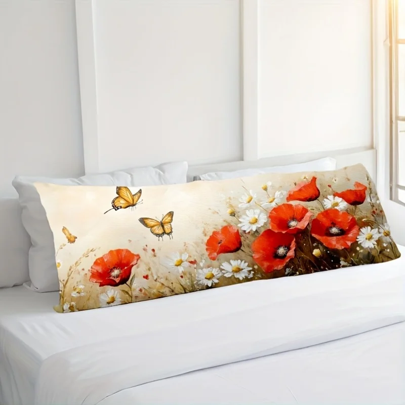A Classical Floral and Butterfly Patterned Pillowcase, 50.8x137.16 cm Long Lumbar Cushion Cover with Zipper - Red Poppies, White
