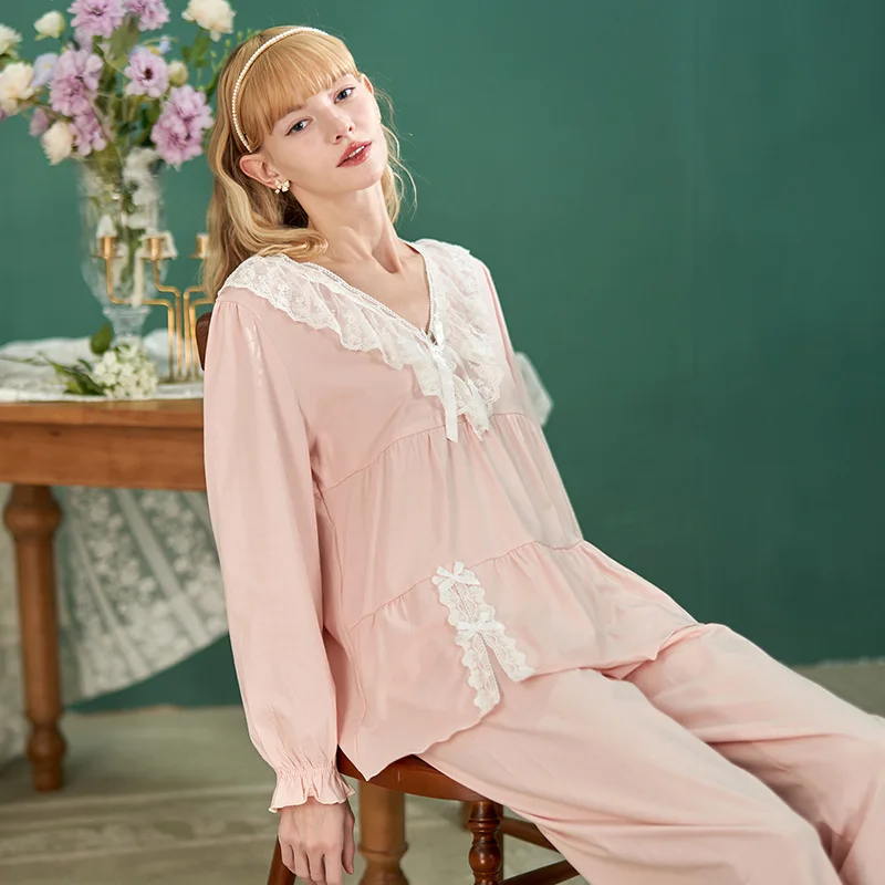 

Romantic Cotton Pajama Set Women Long Sleeve Nightwear with Lace V-neck Ruffle Homewear Comfortable Elegant PJs for Ladies