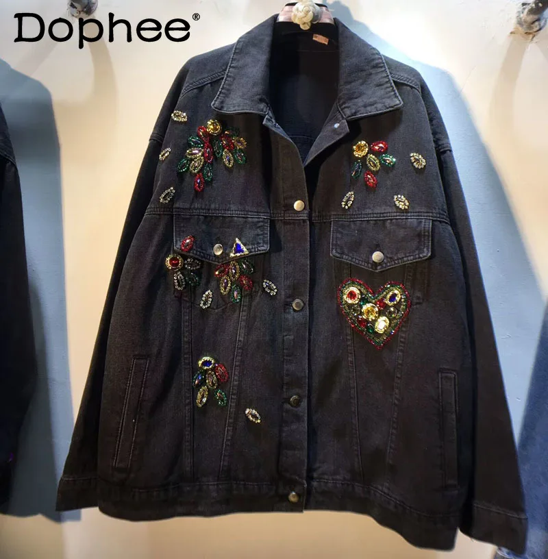 

Exquisite Rhinestone Beaded Gem Loose Slimming Long Sleeve Denim Coat Top Women Black Jeans Jacket 2023 Fall Winter New Clothes
