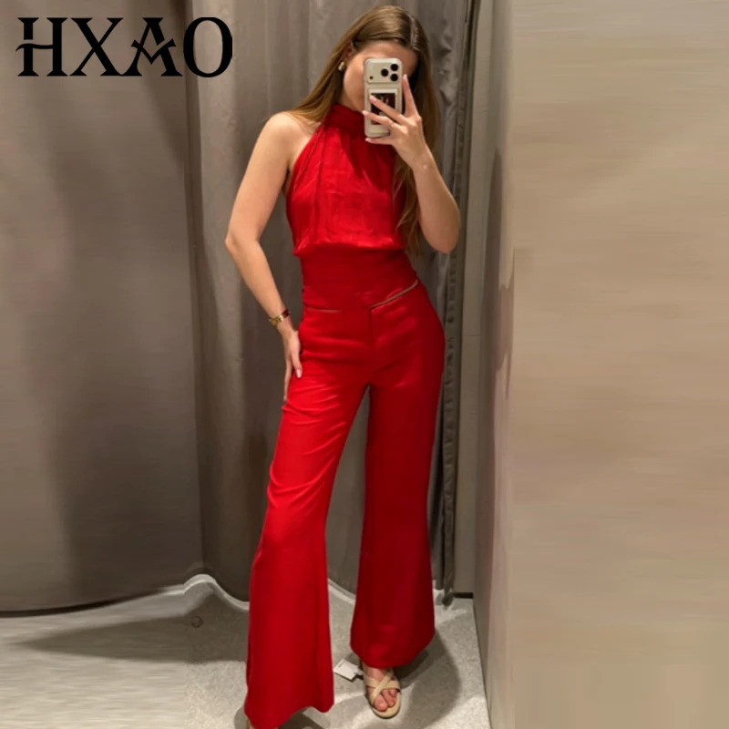 HXAO Rotes Leinen-Mischgewebe Hosenanzug-Set für Damen, Neckholder-Top mit Schnürung und Rückenausschnitt, 2-teiliges Set mit hochtaillierter Hose und geradem Bein
