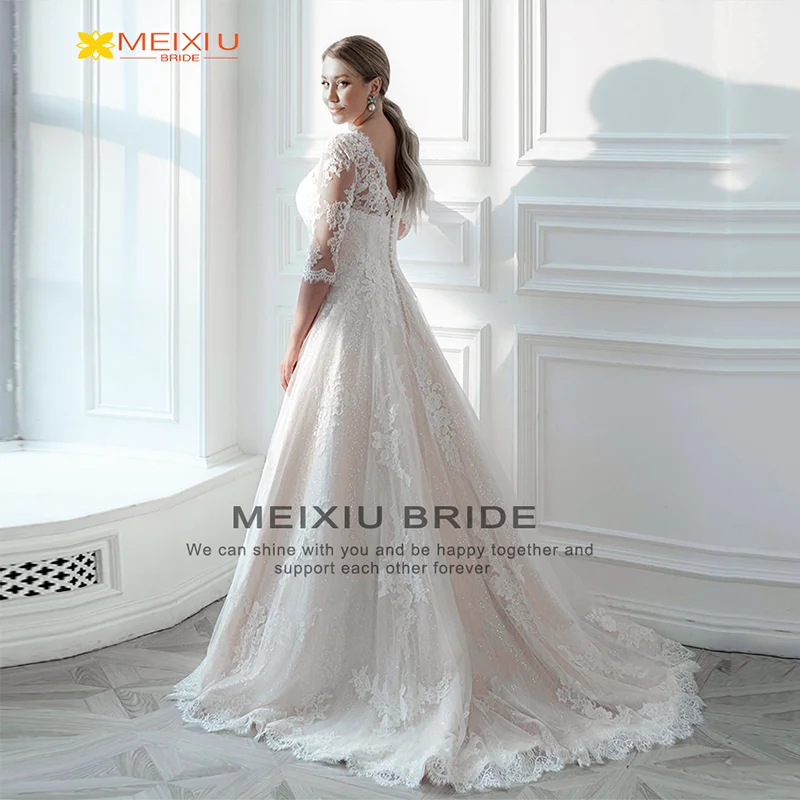 Vestido de novia de cuello redondo de manga media con apliques, hermoso vestido de Novia de encaje brillante personalizado, diseño Floral, tren de línea a, nuevo