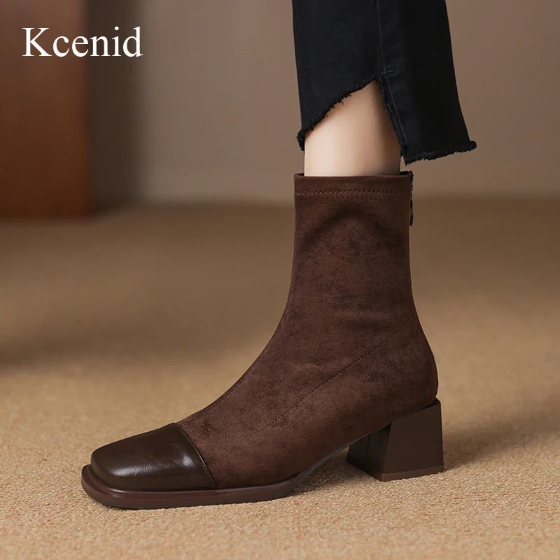 

Kcenid Retro Splicing Chunky Heel Women Short Boots Winter Square Toe Zipper Concise Ankle Boots Ladies Modern Shoes Size 32-43