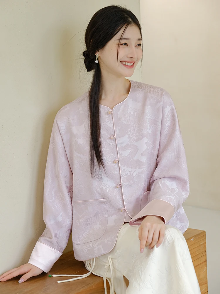 

Casual round Ne ort Jaet New Chinese Sle Simple ay Pink Purple Vinegar Acid Coat Mountain Colored Women's Top