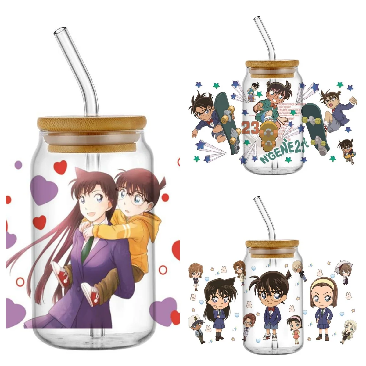 Novo design detetive conan 3d decalque uv dtf copo envoltórios para 16oz à prova dwaterproof água uv dtf transferência adesivo óculos caneca diy envoltório adesivo