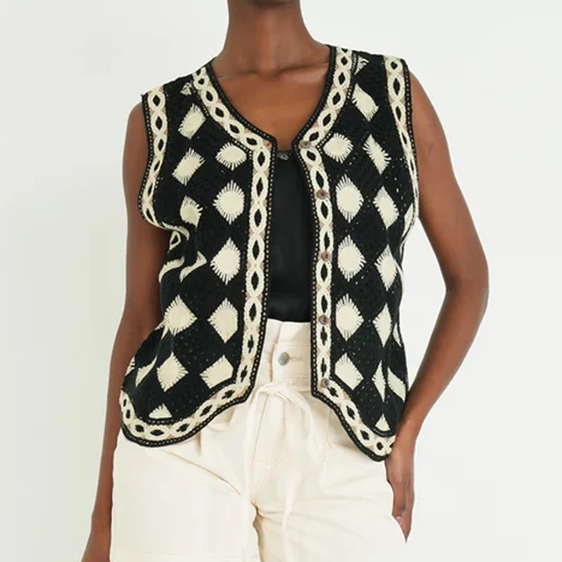 Black and White Checkered Vest Crochet Top for Women Sheer Open Knit Sleeveless Button Down Waistcoat Jacket Boho Vacation