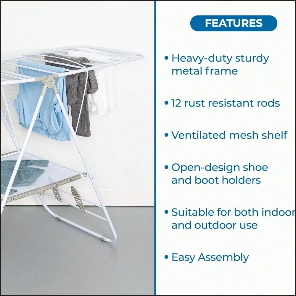 Foldable Laundry Drying Rack For Indoor Outdoor Use White Sturdy Metal SpaceSaving Gullwing Design 50lb Capacity Portable Shoes