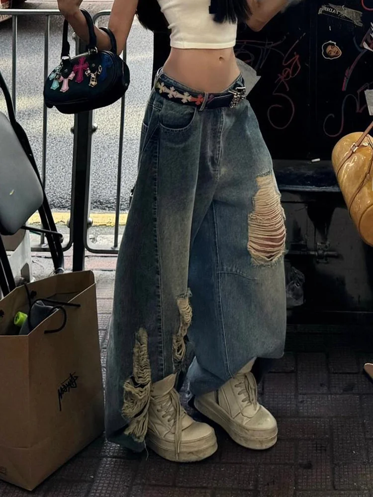 

Американские джинсы свободного кроя в стиле High Street для женщин: сексуальные, ретро, с эффектом потертости, с дырками, длинные брюки с высокой талией, однотонные