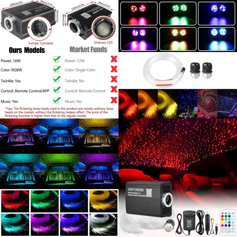 

Twinkle Starlight Headliner Light, 16W 500pcs 6.5ft LED Star Ceiling Fiber Optic Light Kit APP/Remote Control for Car/Home/Part