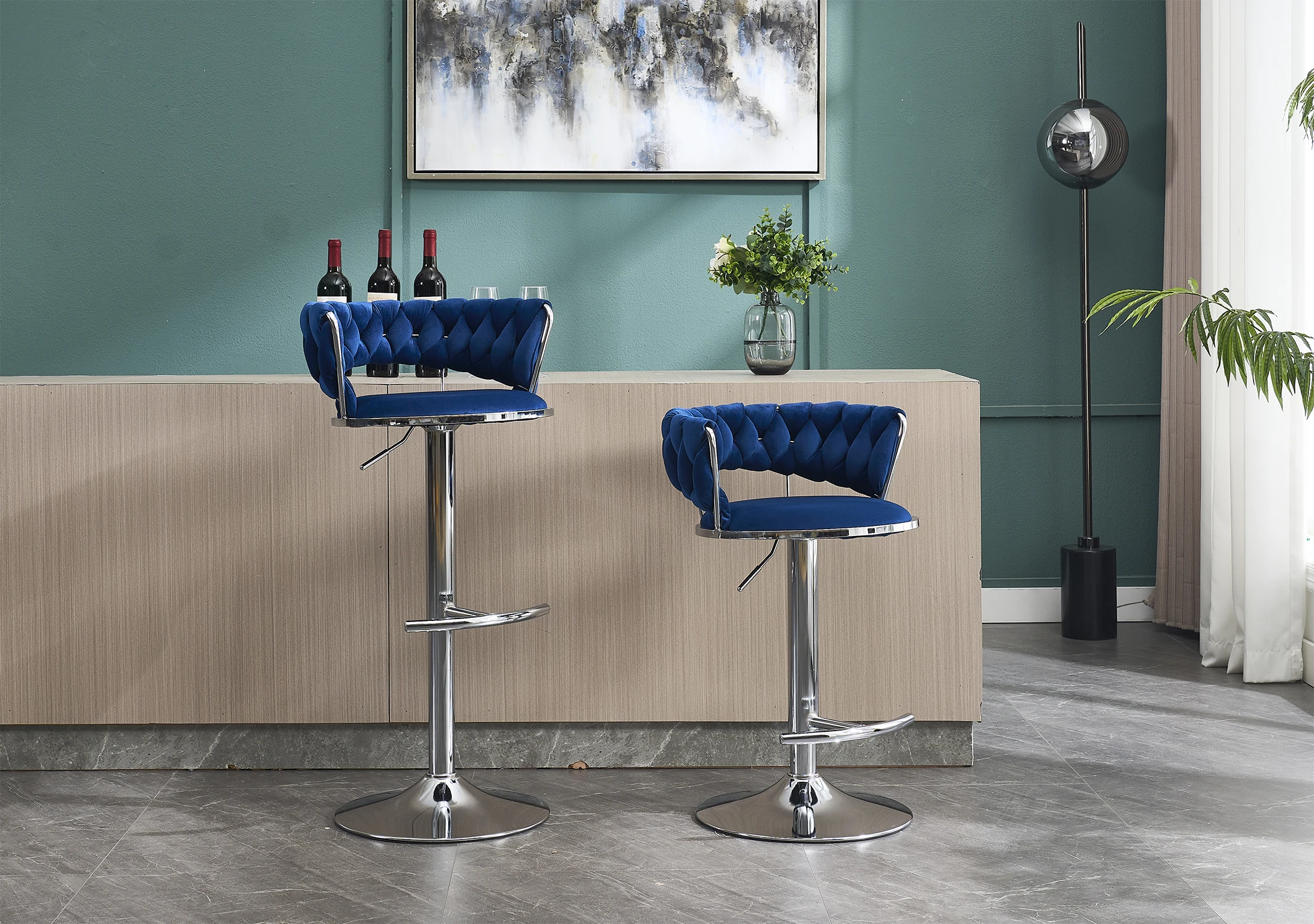 Set of 2 Bar Stools,with Chrome Footrest and Base Swivel Height Adjustable Mechanical Lifting Velvet Chrome Leg Simple Bar Stool