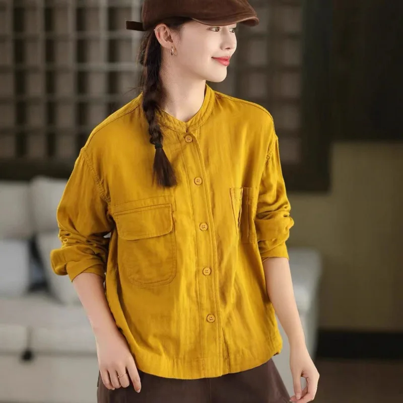 Masss Wasss Japanese Design Winter Tops Women Fashion Loose Casual Cotton Shirts Ladies Luxury Classic Solid Long Sleeve Blouses