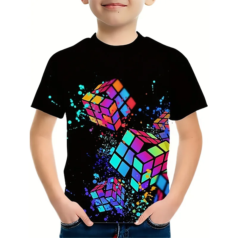 Funny Kids Tee Shirts Brick Cube Graphic T Shirt For Men Clothing 3D Building Blocks Jigsaw Printed T-shirt Unisex Short Sleeve