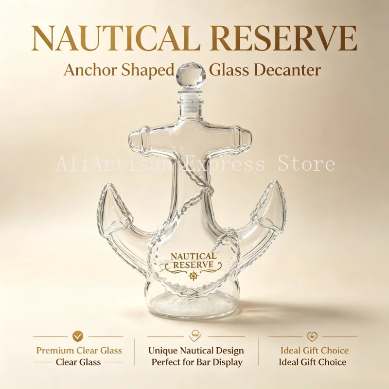 Unique Ship Anchor Glass Wine Decanter, Sealed Crystal Stopper, Novelty Bar Accessory for Whiskey Brandy Vodka