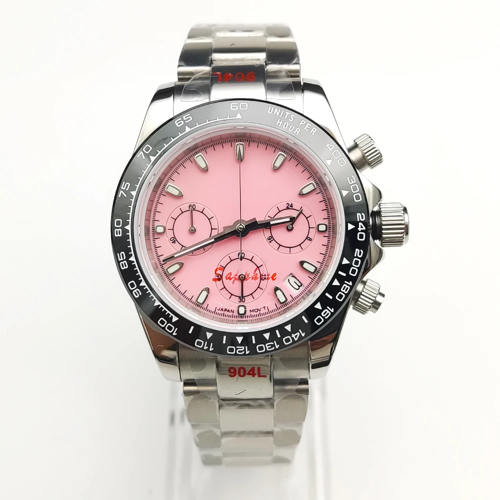 

12 colors Dress 39mm Quartz Chronograph Sapphire Crystal Men's Watch VK63 Movement Calendar Strap Pink Luminous Dial