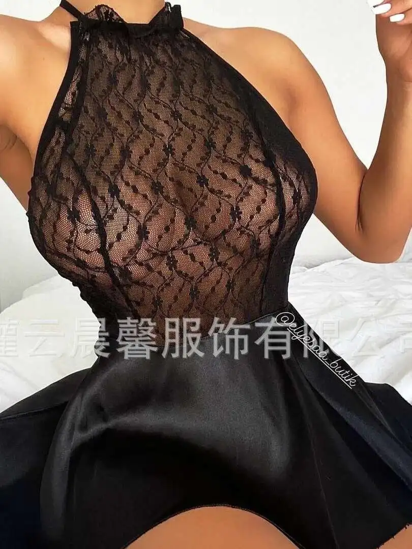 Sexy Solid Color Mesh Flower Print Dress Hanging Neck Backless Deep V Sleeveless Dress Charming Elegant Pure Desire Casual LBXC