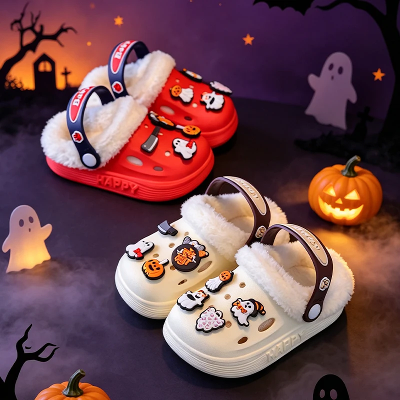 Niedliche Halloween-Geister-Kürbis-Dekoration, gefütterte Clogs für Kleinkinder, warme, rutschfeste Hausschuhe für Jungen und Mädchen. – Detail 2