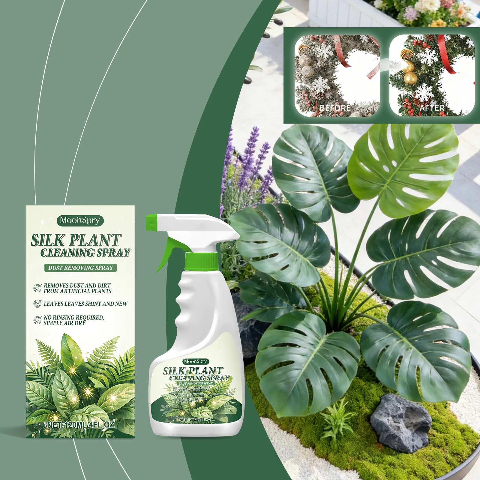 

MoonSpry Artificial Plant Cleaner Spray Restore Shine Natural Texture No Rinse Faux Greenery Home Office Decor Dust Remover