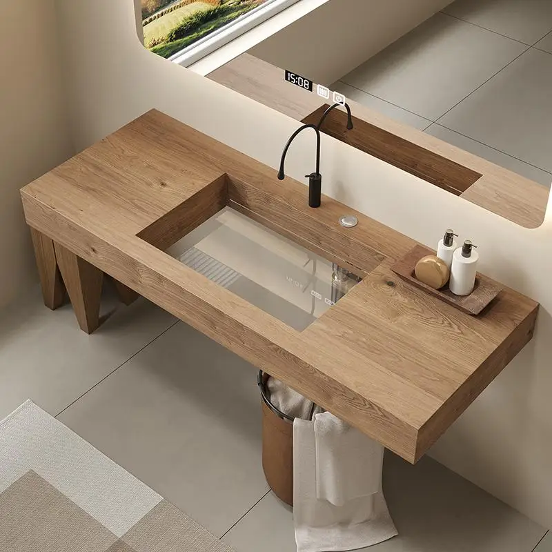Slate transparent glass bottom bathroom groove cabinet combination light luxury texture vanity