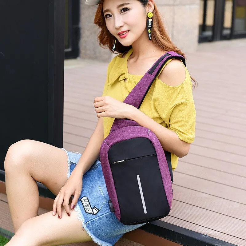 Fashionable waterproof lightweight grey ladies women men student school usb charger shoulder bag sling crossbody anti-theft bag