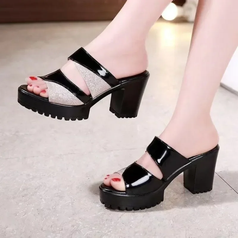 Women Retro Sandals  Summer High Heel Platform Slippers Woman Fashion Outdoor Bright Leather Comfort Peep Toe Casual Sandals