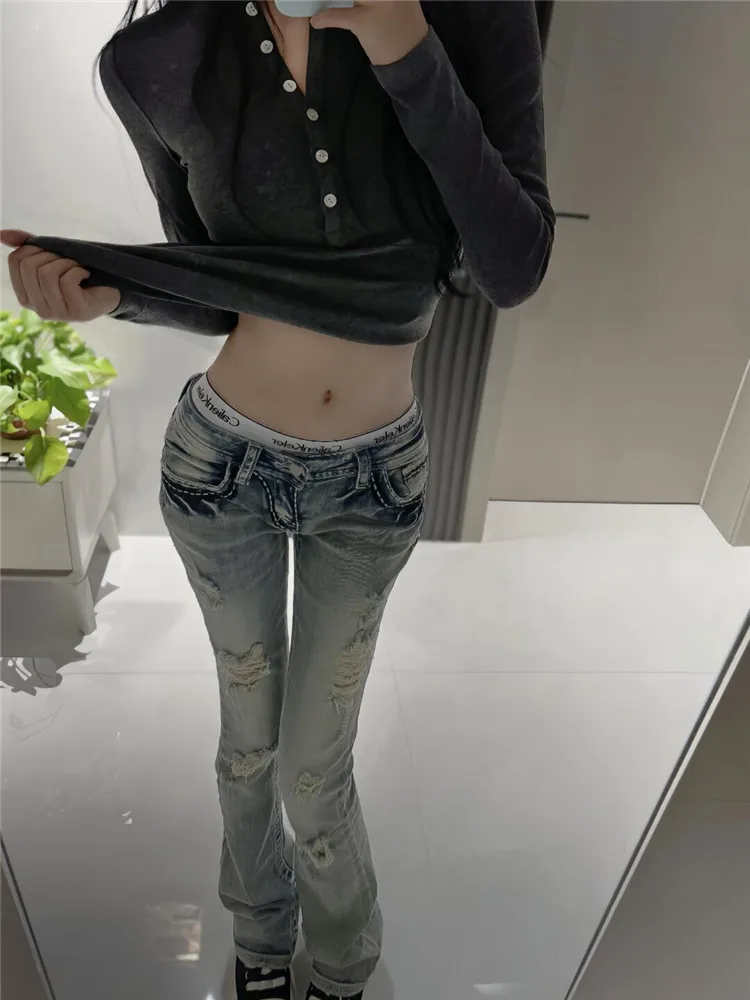 

American Retro Low Waist Bell Bottom Jeans Women's Summer Design Tall Extended Length Light Color Floor Length Pants