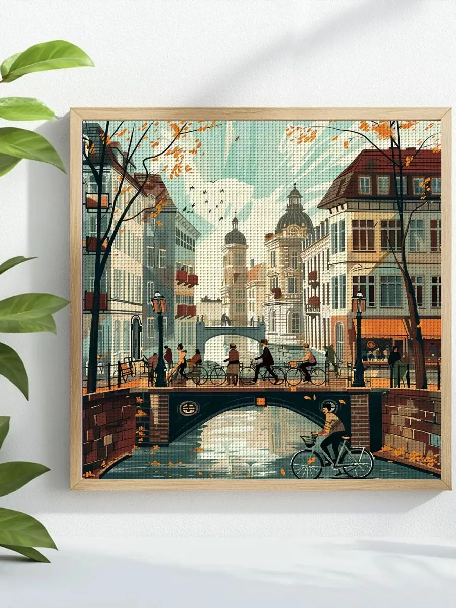 1 Stück 40x40 cm/15,74 Zoll Stadt-Motiv Kreuzstich-Set DIY-Kit 11CT/14CT DIY-Stickset Kreuzstich-Zubehör – Detail 1