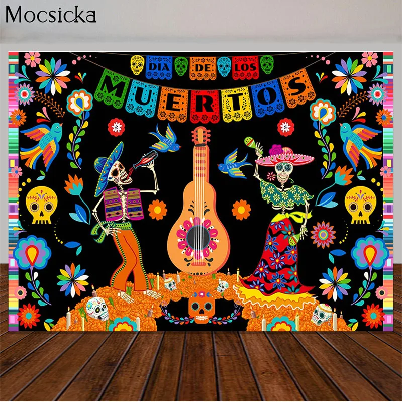 Day of The Dead Backdrop Mexican Sugar Skull Photography Background Dia DE Los Muertos Dress-up Party Fiesta Banner Decoration