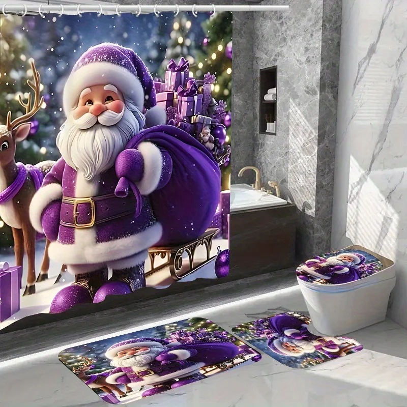 4pcs Purple Santa Bathroom Set - Unique Christmas Shower Curtain, Toilet Cover & Mats, Festive Sleigh Decor, Holiday Gift
