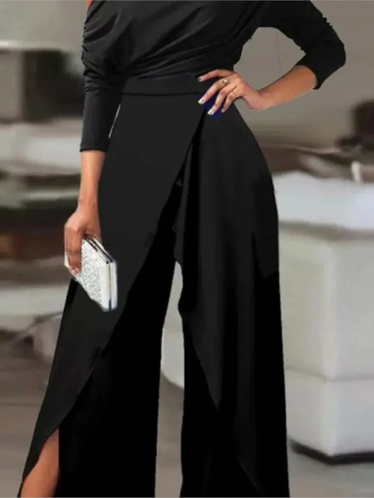 2026 New Off Shoulder Jumpsuit With Fashionable Asymmetrical Long Sleeves And Simple Daily Unique High Waist Wide Leg Jumpsuit view 4