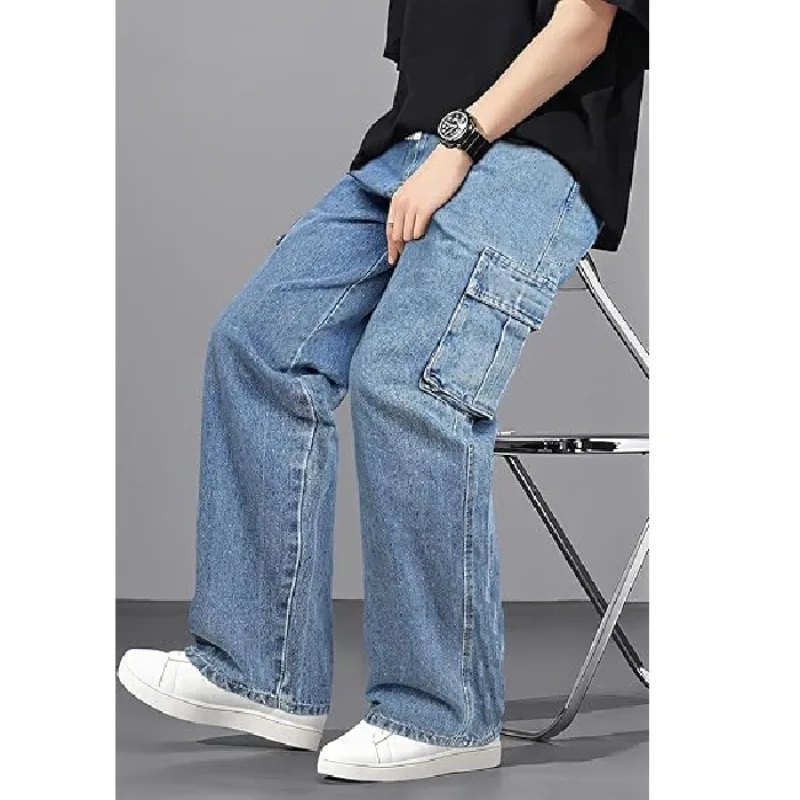 2026 New Men's Loose Fit Cargo Jeans Light Blue Wide Leg Denim Pants Drawstring Multi Pocket Streetwear Casual