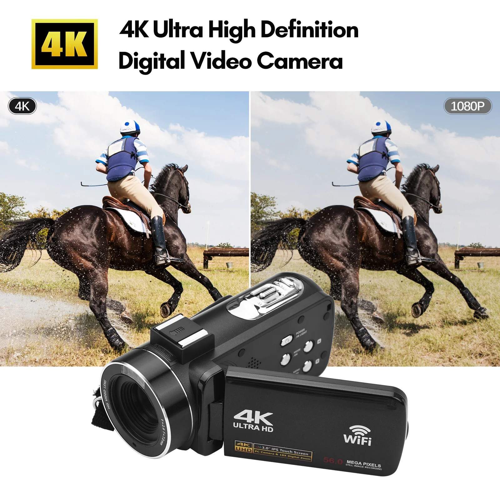 4K Digital Video Camera WiFi Camcorder DV Recorder 56MP 18X Digital Zoom 3.0 Inch IPS Touchscreen Anti-shake IR Night Vision