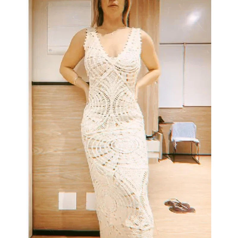 Beach Skirt Women's Knitted Hollow Out V-neck Low Cut Slim and Sexy Mid Length Dress