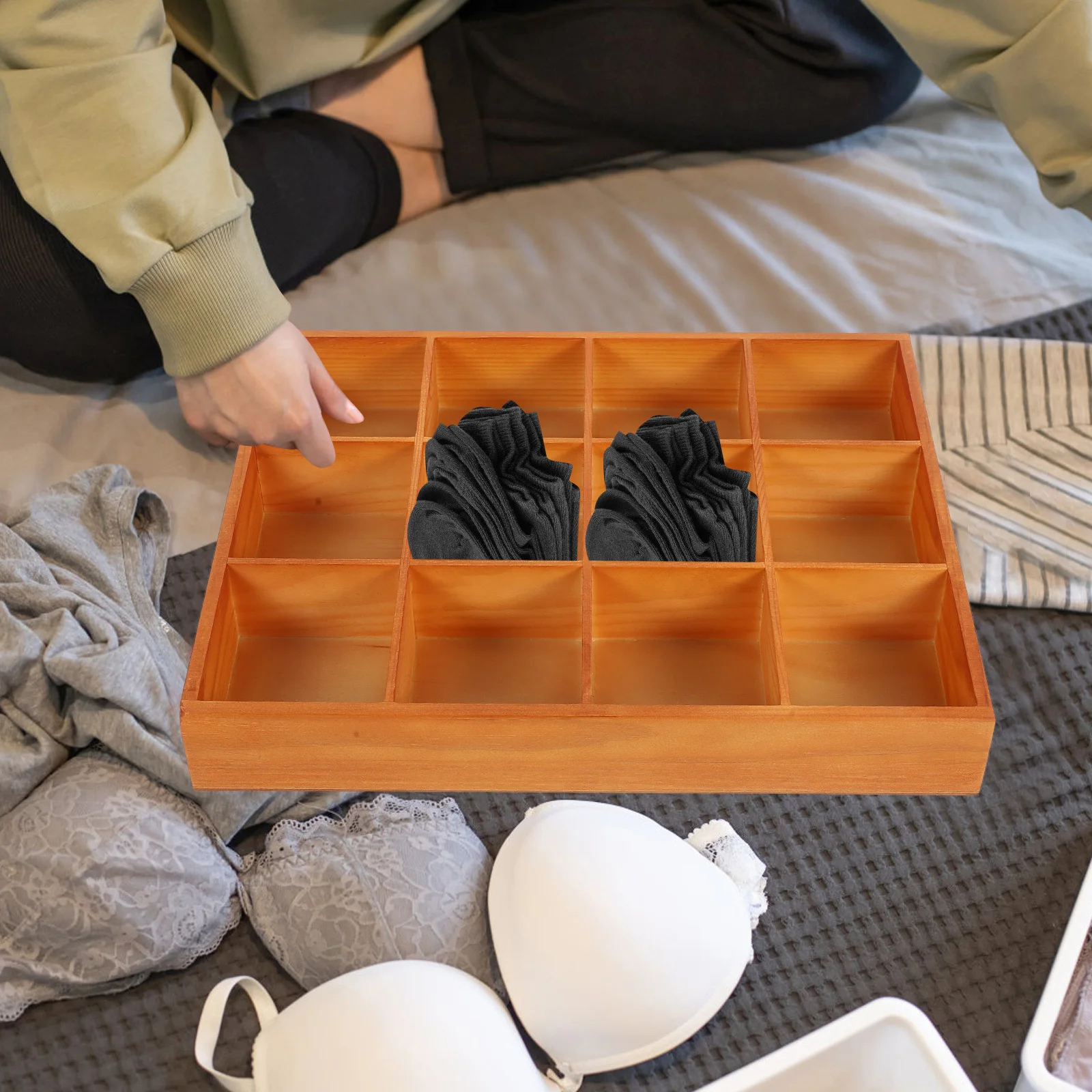 

1pc Underwears Storage Box Wooden Drawer Organizer 12 Cell Sock Divider Closet Cabinet Clothing Lingerie Organizer Bin
