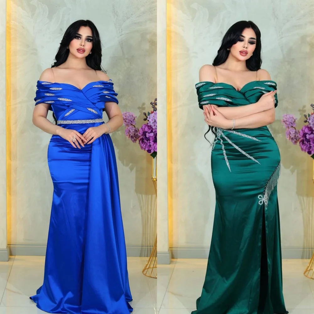 ที่กําหนดเองชุดราตรีซาตินประดับด้วยเลื่อม Draped จีบคนดัง Mermaid Off-the-shoulder Bespoke โอกาสชุดยาวชุด