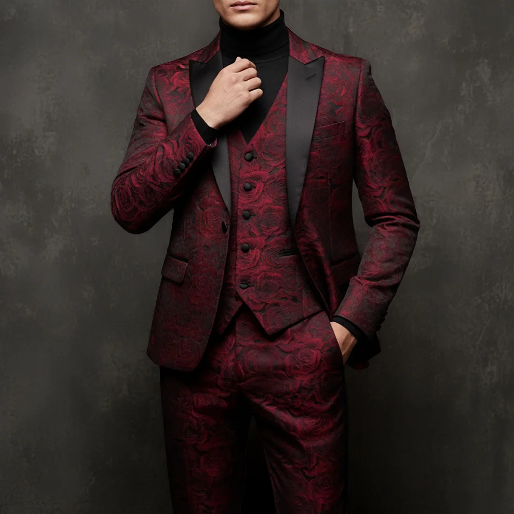 Men's 3-Piece Summer Suit – Lightweight, Breathable, Groom's Wedding Tuxedo – Stylish Rose-Patterned Fabric Blazer
