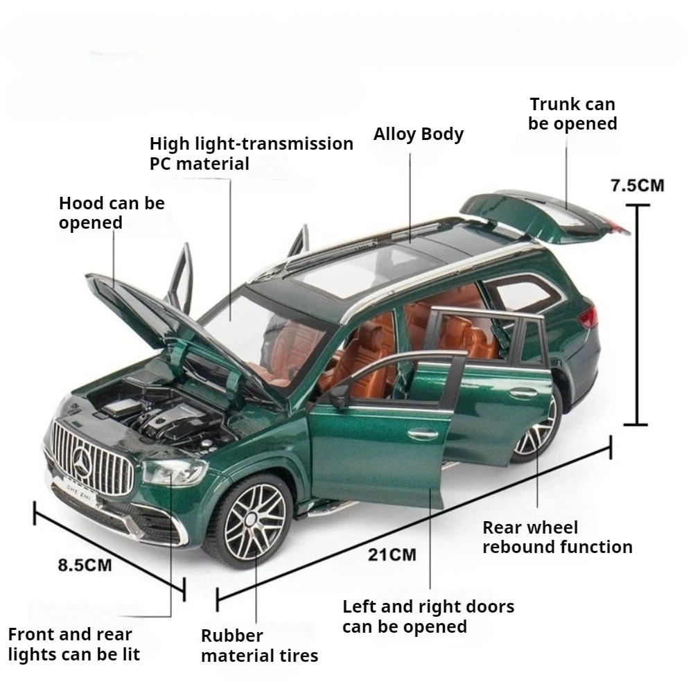 1:24 GLS600 GLS63 Miniature Toys Alloy Diecaat Car Model with Sound Light Pull Back Doors Opened Vehice Kid Fashion Collectibles