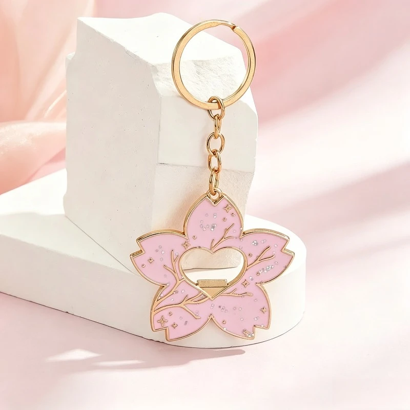 Cherry Blossom Bottle Opener Keychain Zinc Alloy Pink Cute Girly Key Chain Practical Decor Kitchen Tool Accessories