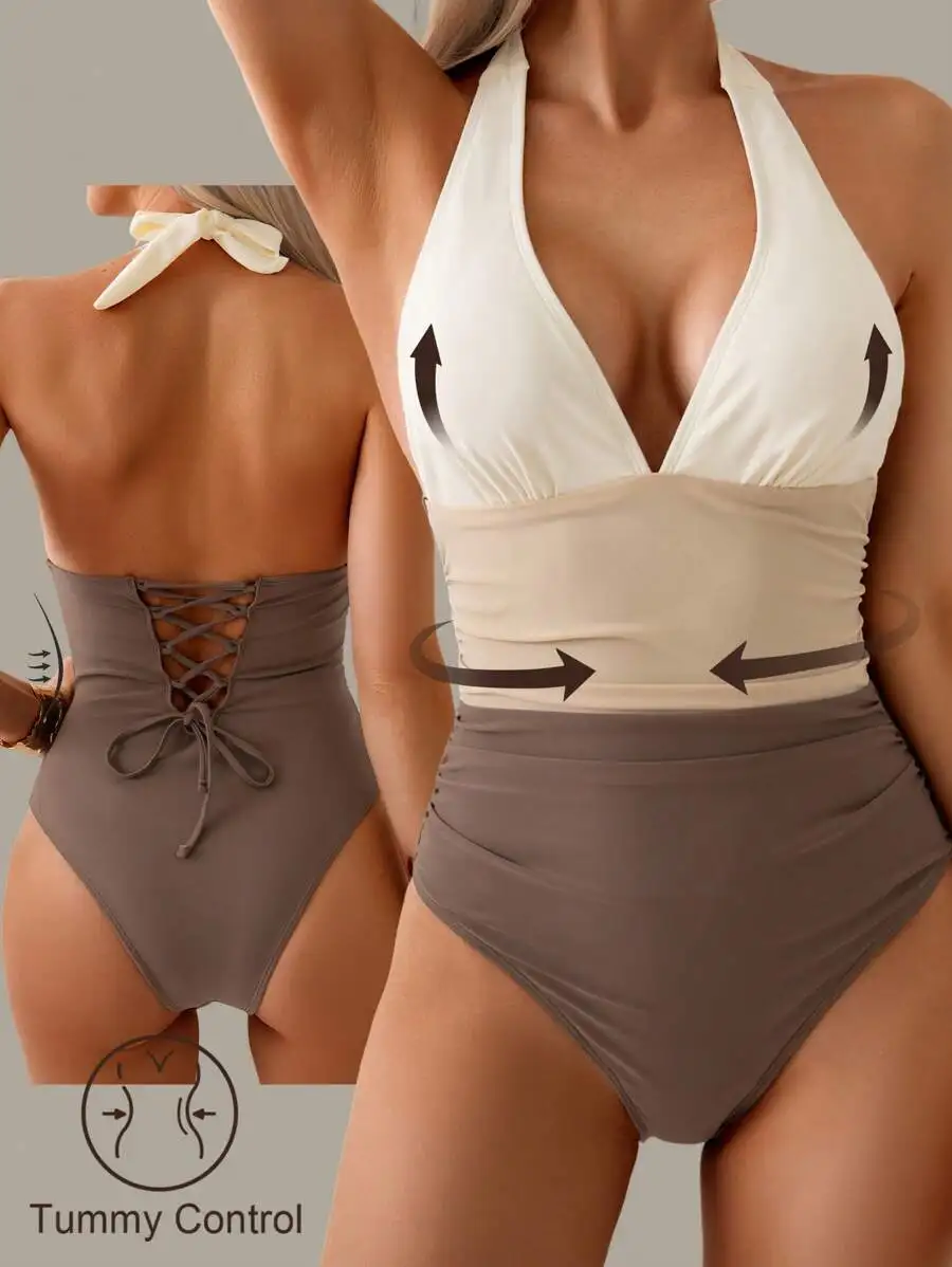 

Tummy Control Halter Backless Tie Swimsuit Color Block Patchwork