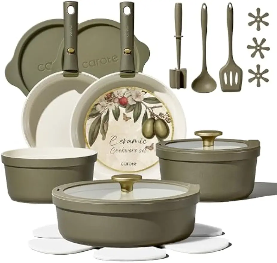 21pcs Ceramic Cookware Sets, Nonstick Pots and Pans Set Non Toxic | Space Saving, Detachable Handle, Dishwasher & Oven Safe