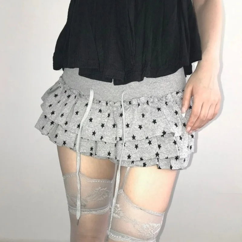 Kawaii Vintage Y2K Gothic Star Tiered Puffy Mini Skirt Drawstring Elastic Waist Ruffle Hem Black Grey Beige Sexy Skirt for Women