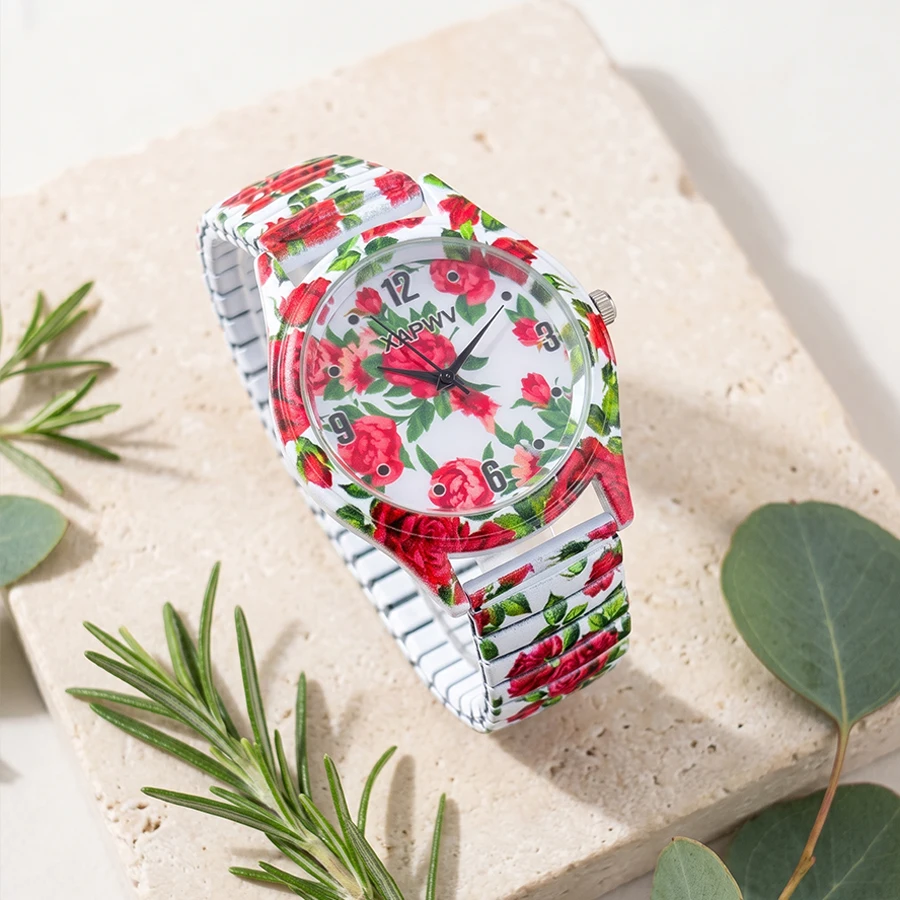 Couple Watch for Men and Women: Leaf & Rose Pattern Dial Elastic Strap Basic Pair