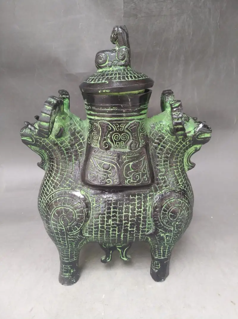 

Ancient Chinese Dynasty Old Bronze Two Sheep Beast Zun Flower Water Wine Vessel Kettle Pot