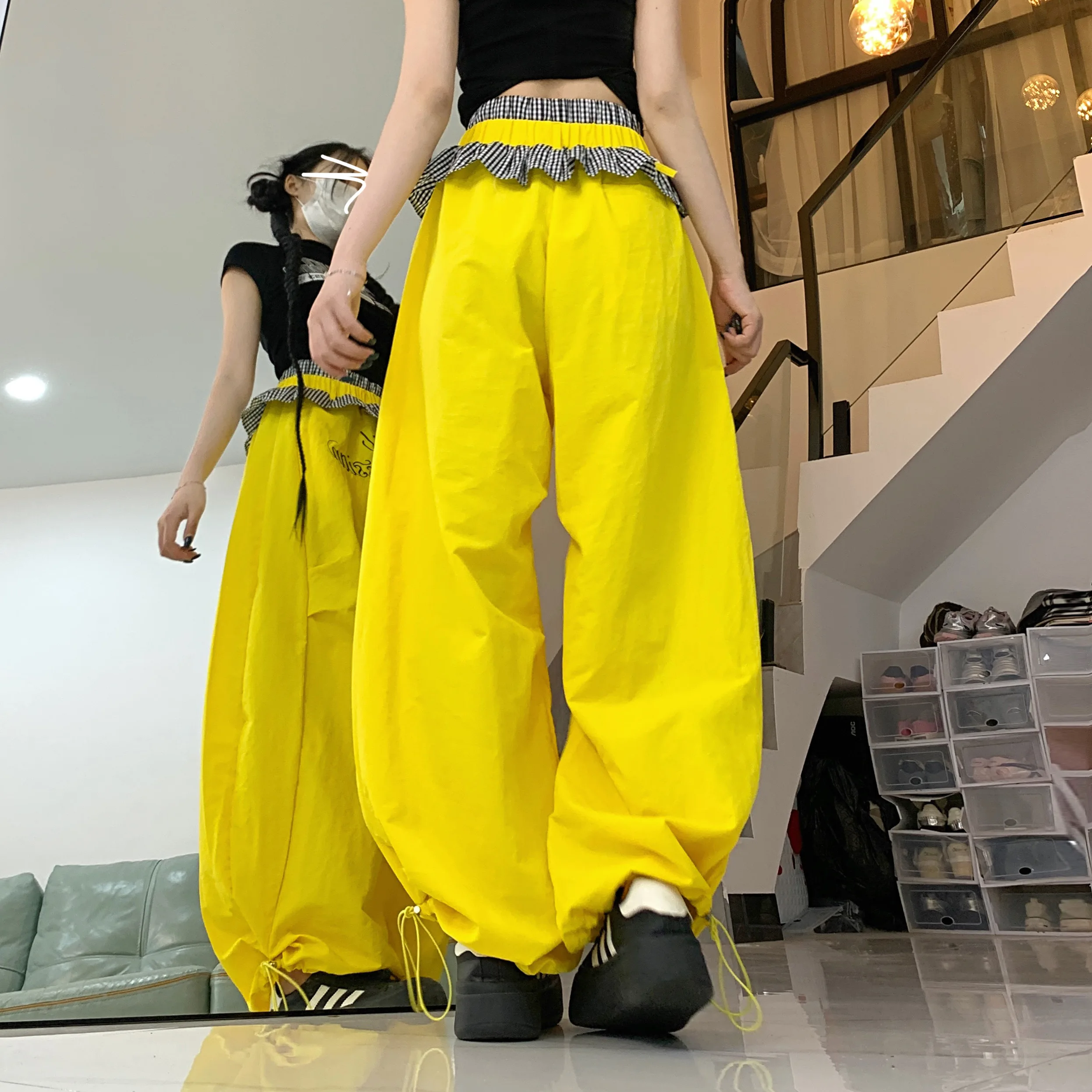 Pendientes de mujer a cuadros amarillos empalmados ​ ​ Pantalones con estampado de letras Moda urbana Y2k American Cintura elástica Nuevos pantalones casuales 2025