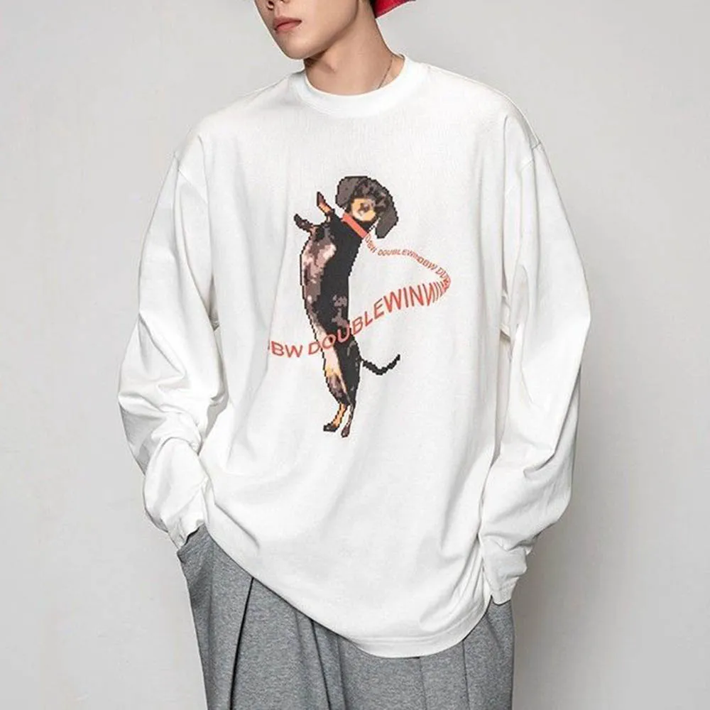 

Men's Puppy Print Pure Cotton Long-Sleeved T-Shirt American Retro Fashion Trend Street Loose Casual Niche Autumn New Men's Tops