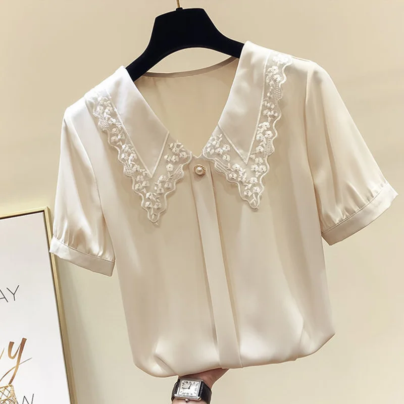 Summer 2025 Women's Loose Short Sleeve Chiffon Shirt Korean Style Sweet Fashionable Baby Doll Collar Top Trendy Garment
