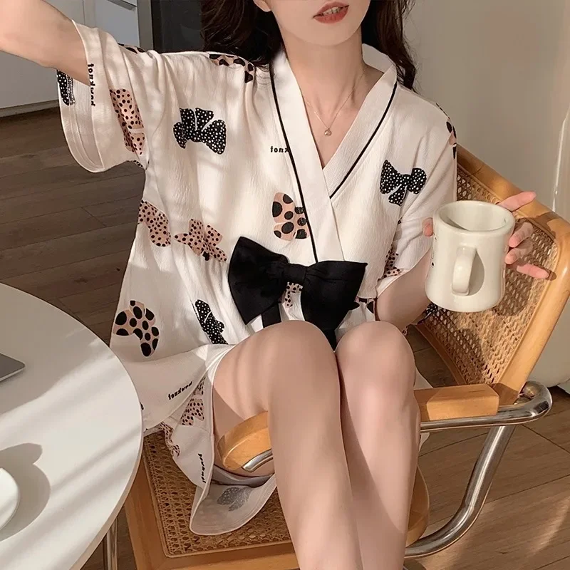 Japan Summer Sweet kimano Women's Short Sleep Tops Shorts pajamas set Ladies Sweet home clothes Sleepwear women's pajamas 2022